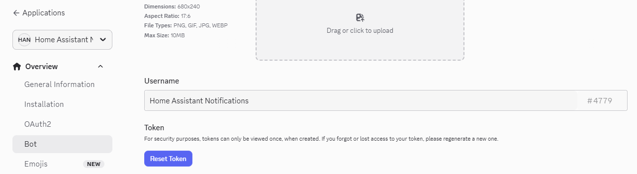 Screenshot of the Bot page in the Discord Developer Portal showing the bot username and token controls