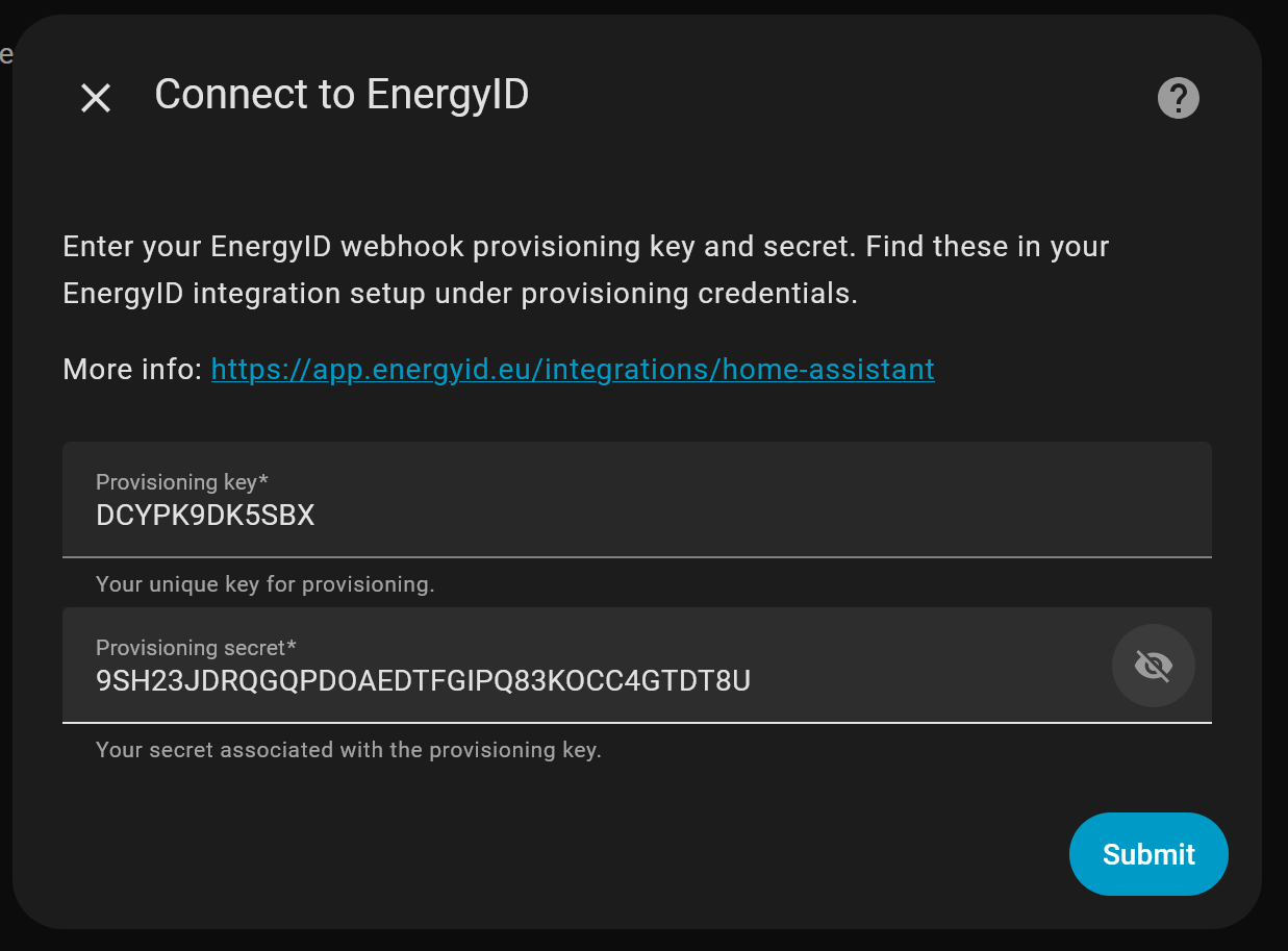 Screenshot of the EnergyID connection screen in Home Assistant, asking for Provisioning Key and Secret.