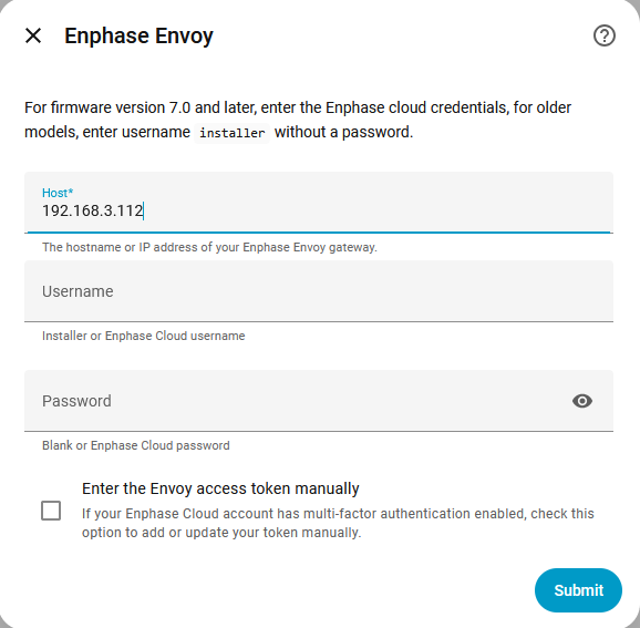 Example screenshot of Envoy configuration form in automatic token retrieval mode.