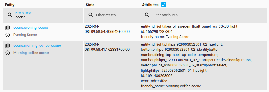 Screenshot showing the state of a scene entity in the developer tools