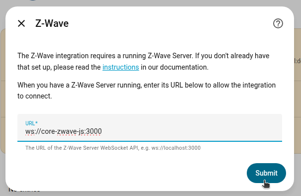 Entering the WebSocket URL for the Z-Wave JS app