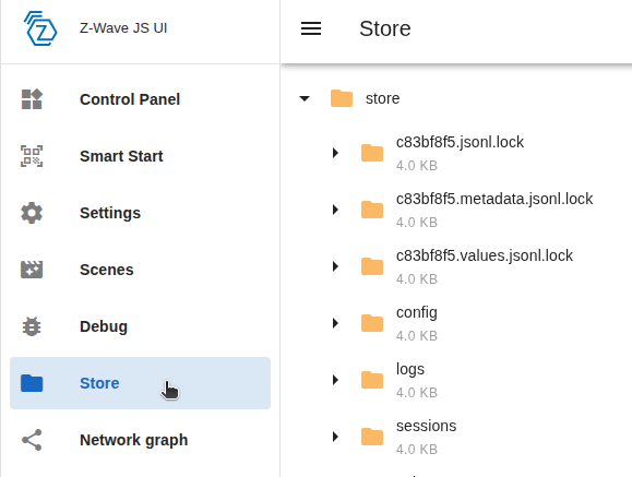 Store tab in the Z-Wave JS UI web interface