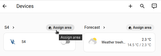 Screenshot of the Devices card on the Overview dashboard showing the Assign area action for an unassigned device