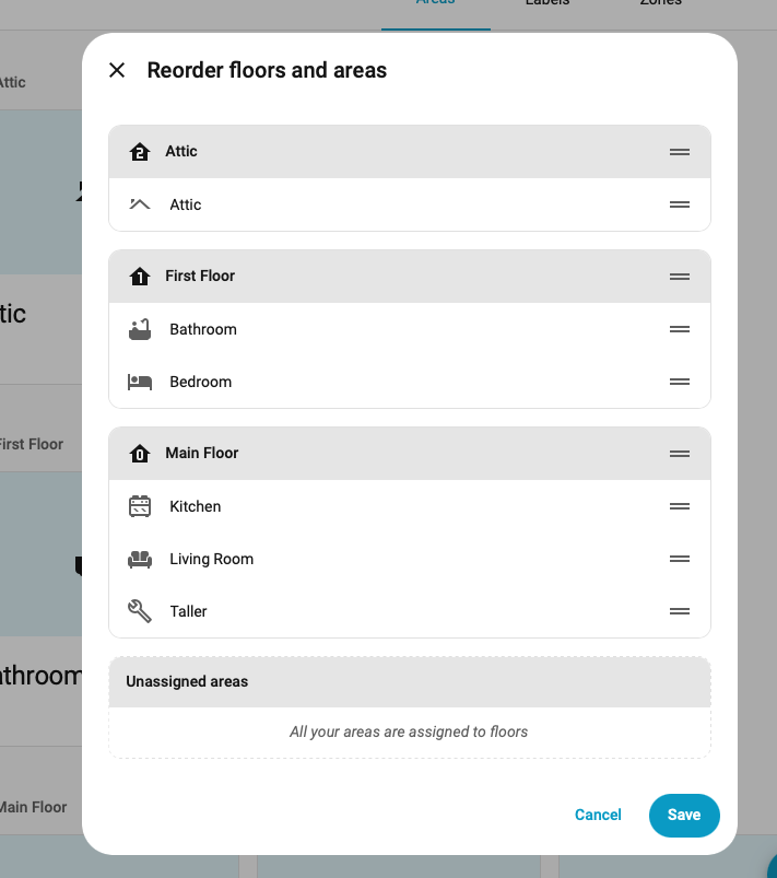 Reorder floors and areas