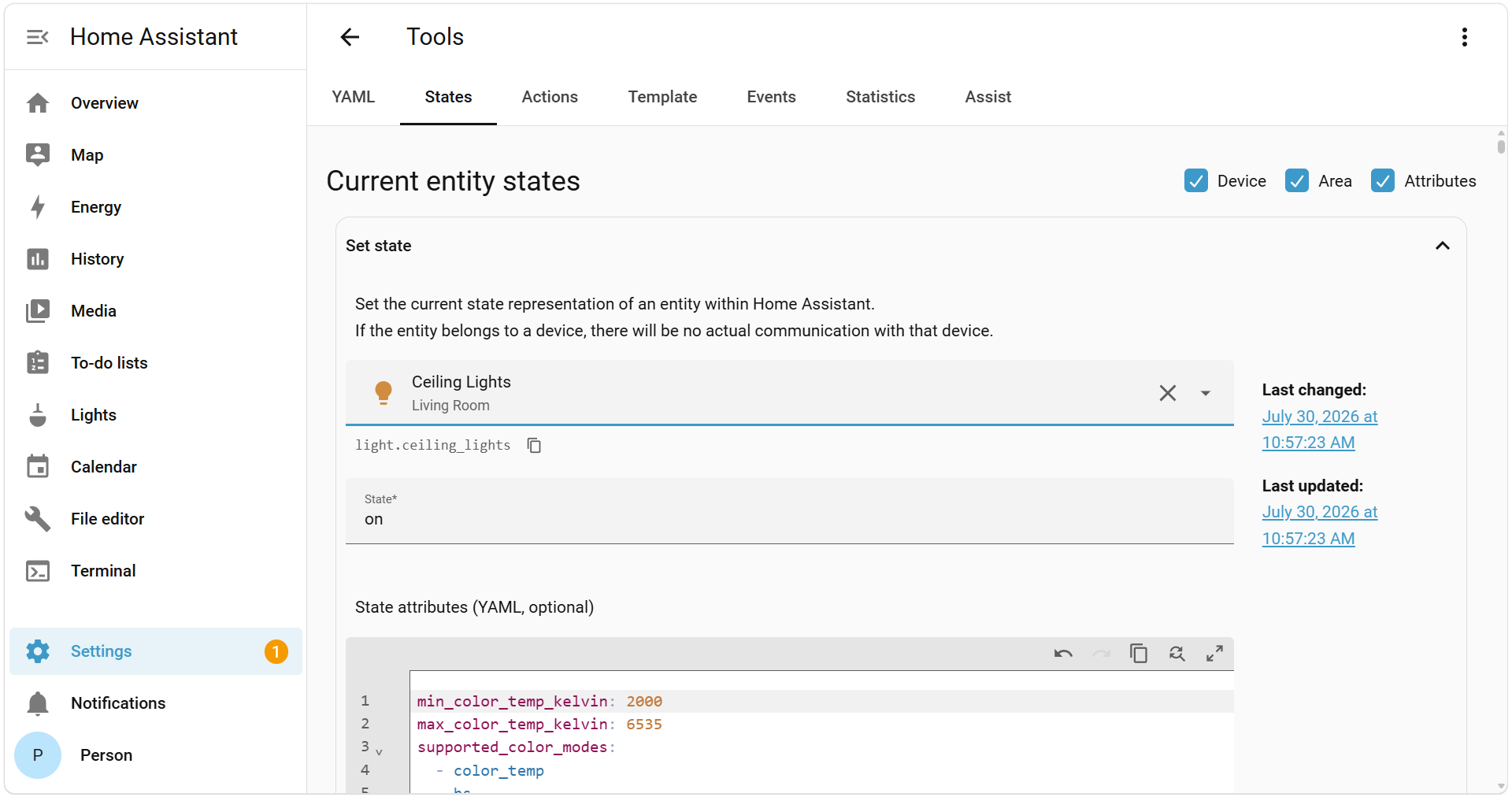 Screenshot showing the Tools page in Home Assistant